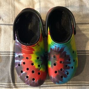 Tie dye fuzzy crocs